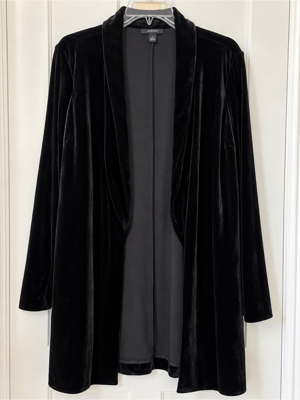 Alfani Black Velvet Long Jacket Duster XS Open Front Dark Academia Gothic Chic